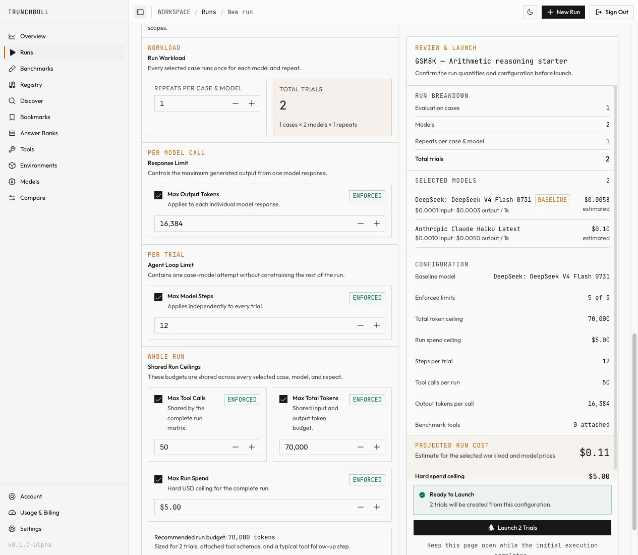 Two models selected with a baseline, followed by workload, per-call, per-trial, and whole-run configuration groups.